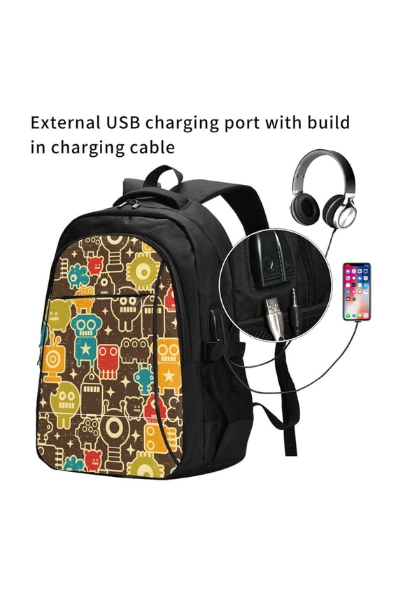 Robot and Monsters Print Travel Laptop Backpack,Slim Sturdy Laptops Backpack with USB Charging Port, Water Resistant College School Computer Bag