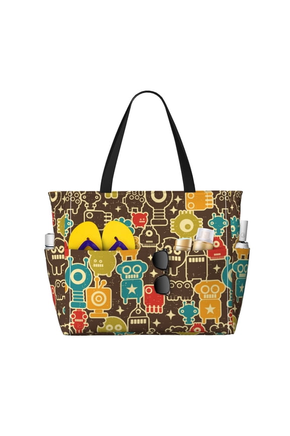 Robot and Monsters Print Large Capacity Beach Travel Bag, Polyester Waterproof Tote Bag with Zipper for Vacation and Daily Use