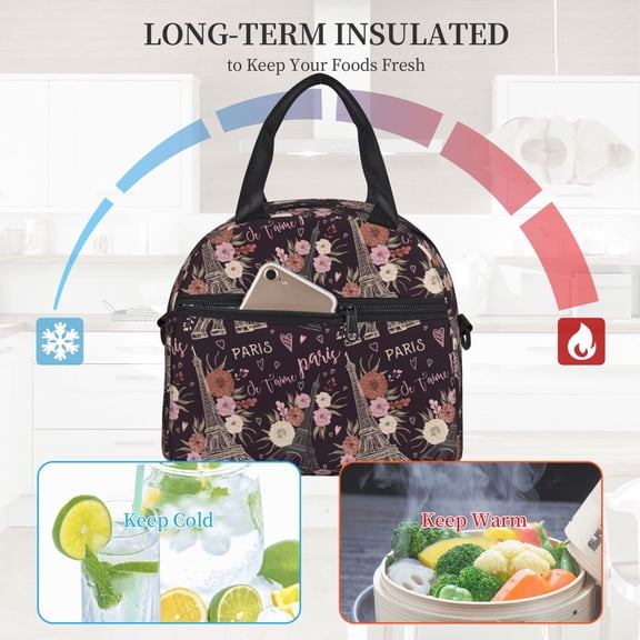 Ratiio Romantic Paris Pattern Lunch Bag ,Insulated Lunch Box, Small Leakproof Cooler Food Lunch Containers Reusable High Capacity Lunch Tote Bags
