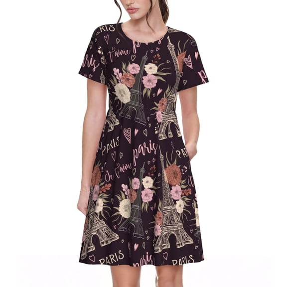 Ratiio Romantic Paris Print Women's Short Sleeve Dress - Casual A-Line Dress with Side Pockets, Elastic Waist, Comfortable and Breathable Summer Dress