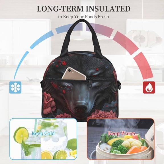 Ratiio Rose Full Moon Black Wolf Pattern Lunch Bag ,Insulated Lunch Box, Small Leakproof Cooler Food Lunch Containers Reusable High Capacity Lunch Tote Bags