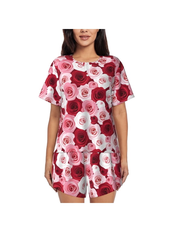 Rose Print Womens Pajama Sets 2 Piece Soft Short Sleeve Top and Shorts Sleepwear Round Neck Pjs Lounge Set