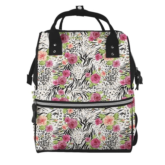 Ratiio Roses Mixed Zebra Mummy Backpack - Waterproof Twill Canvas, Large Capacity Diaper Bag with Multiple Pockets and Adjustable Straps