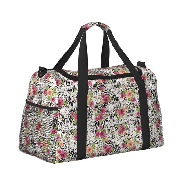 Ratiio Roses Mixed Zebra Pattern Hand Travel Bag, Weekender Carry On for Women Men, Sports Gym Bag, Workout Duffel Bag, Overnight Shoulder Bag fit 15.6 Inch Laptop