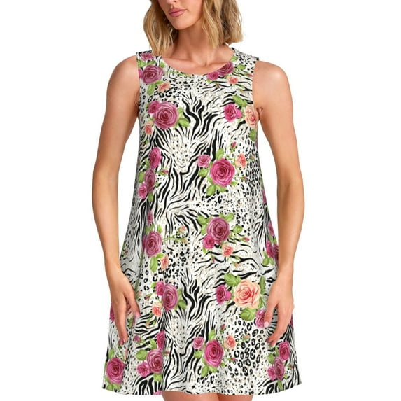 Ratiio Roses Mixed Zebra Pattern Women's Sleeveless Dress - Casual Summer Dress with Pockets, Above Knee Length, Round Neck, Ideal for Beach, Vacation, Work