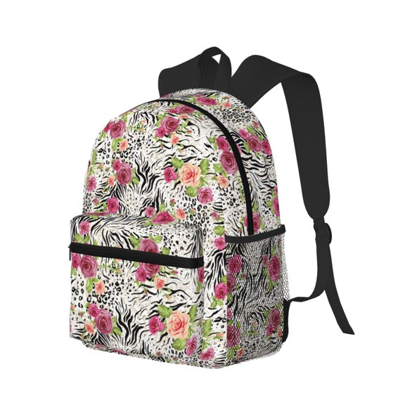 Ratiio Roses Mixed Zebra Print Casual Backpack for Men and Women, Water Resistant Oxford Fabric School Bag Lightweight Travel Daypack
