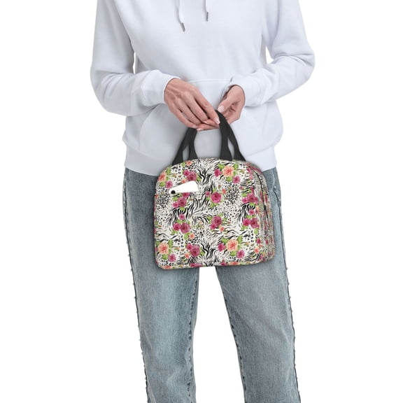Ratiio Roses Mixed Zebra Print Lunch Bag Lunch Box Insulated Lunch Bag Adult Lunch Box for Men and Women