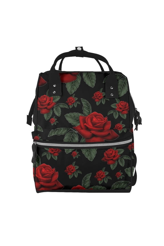 Roses Mummy Backpack - Waterproof Twill Canvas, Large Capacity Diaper Bag with Multiple Pockets and Adjustable Straps