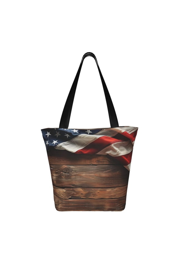 Rustic American Flag Wood Print Shoulder Bag for Women, Polyester Crossbody Purse Lightweight Handbag for Daily Travel and Casual Use
