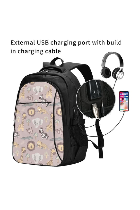 Safari Animals Print Travel Laptop Backpack,Slim Sturdy Laptops Backpack with USB Charging Port, Water Resistant College School Computer Bag