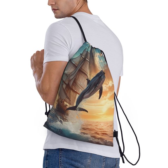 Ratiio Sailing Dancing Dolphin Print Drawstring Backpack Bag Sport Gym Sackpack Heavy Duty String Backpack for Men Women