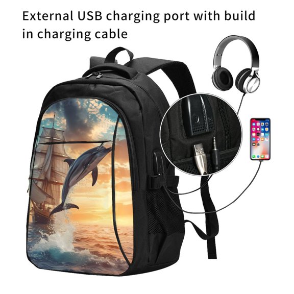 Ratiio Sailing Dancing Dolphin Print Travel Laptop Backpack,Slim Sturdy Laptops Backpack with USB Charging Port, Water Resistant College School Computer Bag
