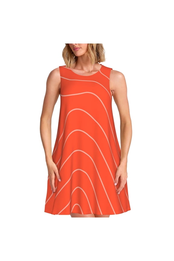 Salmon Fish Meat Pattern Women's Sleeveless Dress - Casual Summer Dress with Pockets, Above Knee Length, Round Neck, Ideal for Beach, Vacation, Work
