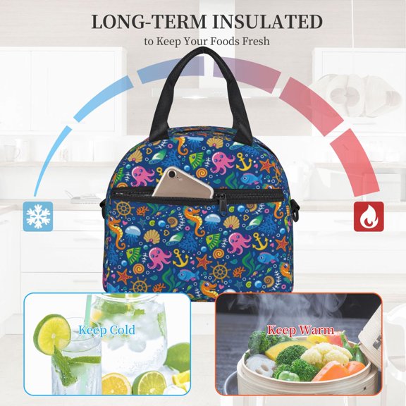 Ratiio Sea Fish Pattern Lunch Bag ,Insulated Lunch Box, Small Leakproof Cooler Food Lunch Containers Reusable High Capacity Lunch Tote Bags