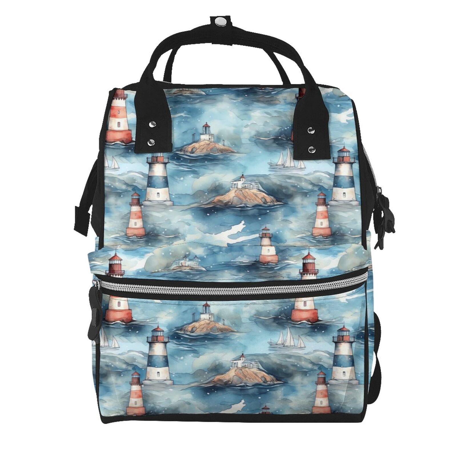 Ratiio Sea Marine And Lighthouse Mummy Backpack - Waterproof Twill Canvas, Large Capacity Diaper Bag with Multiple Pockets and Adjustable Straps