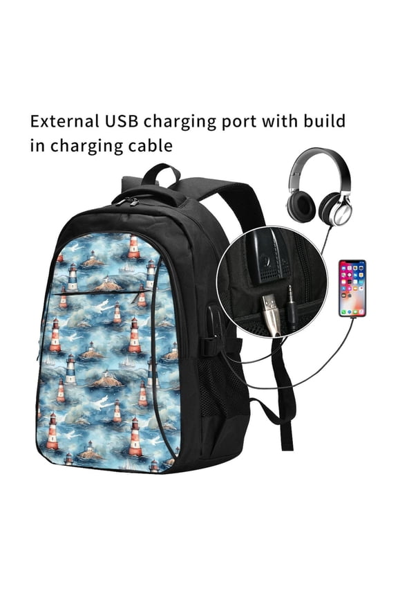 Sea Marine And Lighthouse Print Travel Laptop Backpack,Slim Sturdy Laptops Backpack with USB Charging Port, Water Resistant College School Computer Bag