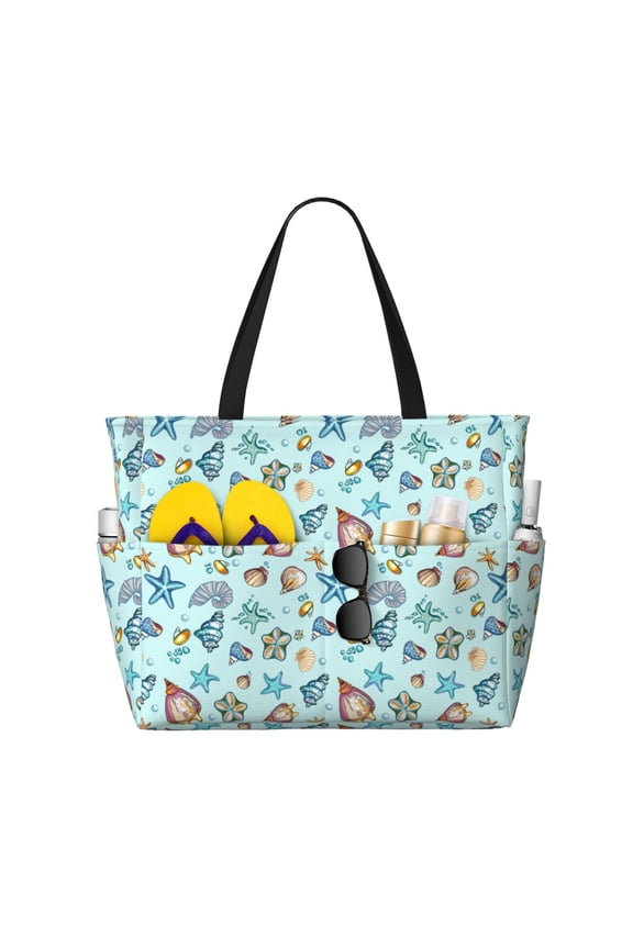 Sea Shells 2 Print Large Capacity Beach Travel Bag, Polyester Waterproof Tote Bag with Zipper for Vacation and Daily Use