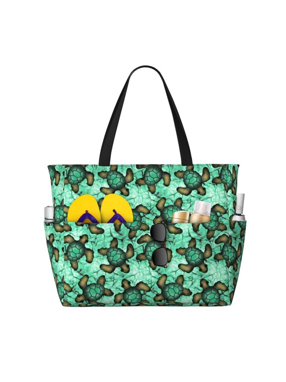 Sea Turtle Print Large Capacity Beach Travel Bag, Polyester Waterproof Tote Bag with Zipper for Vacation and Daily Use