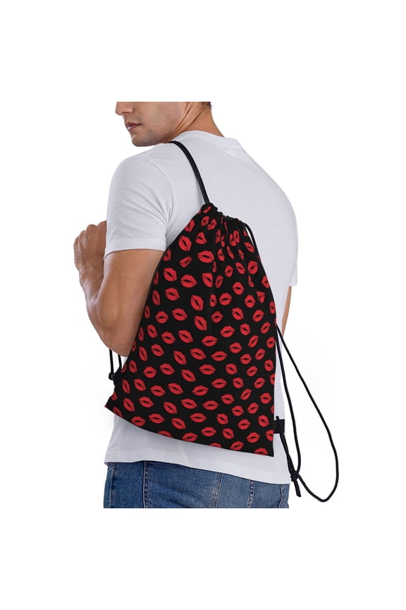Sexy Red Lips Kiss Print Drawstring Backpack Bag Sport Gym Sackpack Heavy Duty String Backpack for Men Women
