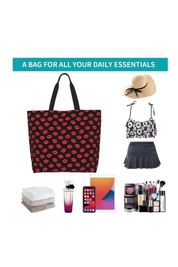 Sexy Red Lips Kiss Print Reusable Grocery Bags - Washable, Foldable, Packable Tote, Large Handles, Heavy Duty, Zippered Top Pouch