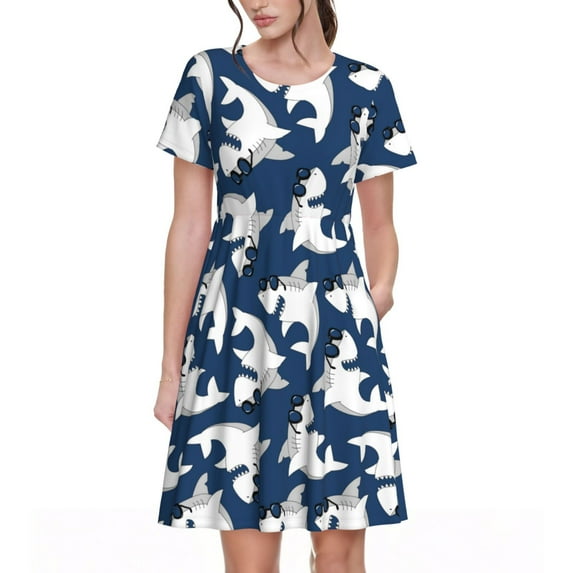 Ratiio Shark Print Women's Short Sleeve Dress - Casual A-Line Dress with Side Pockets, Elastic Waist, Comfortable and Breathable Summer Dress