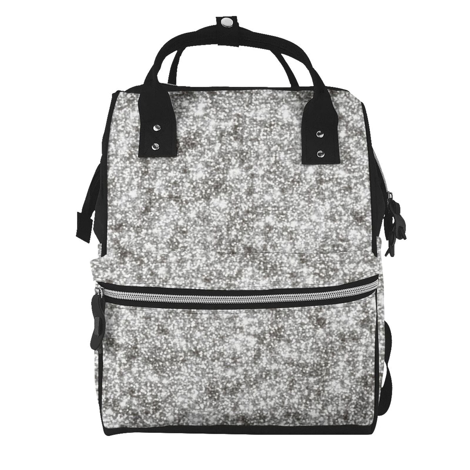 Ratiio Silver Glitter Mummy Backpack - Waterproof Twill Canvas, Large Capacity Diaper Bag with Multiple Pockets and Adjustable Straps