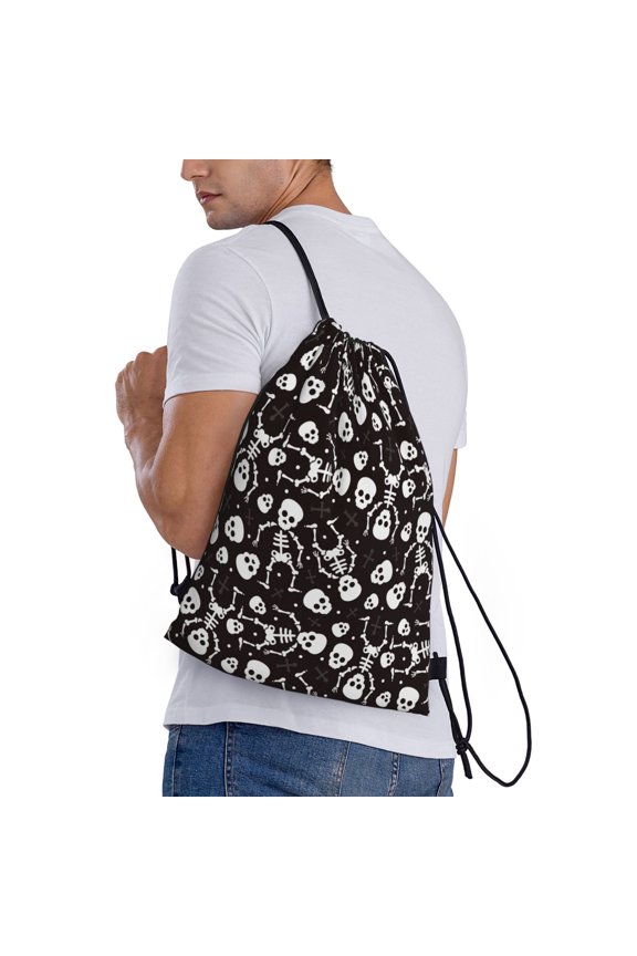 Skeleton Print Drawstring Backpack Bag Sport Gym Sackpack Heavy Duty String Backpack for Men Women