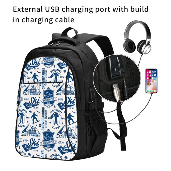 Ratiio Skiing Enthusiast Print Travel Laptop Backpack,Slim Sturdy Laptops Backpack with USB Charging Port, Water Resistant College School Computer Bag