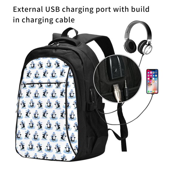 Ratiio Skiing Penguin Funny Print Travel Laptop Backpack,Slim Sturdy Laptops Backpack with USB Charging Port, Water Resistant College School Computer Bag