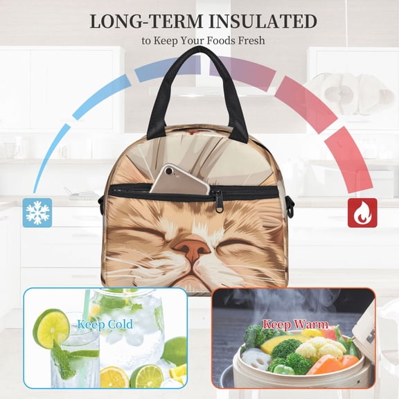 Ratiio Sleeping Cat In Blanket Pattern Lunch Bag ,Insulated Lunch Box, Small Leakproof Cooler Food Lunch Containers Reusable High Capacity Lunch Tote Bags