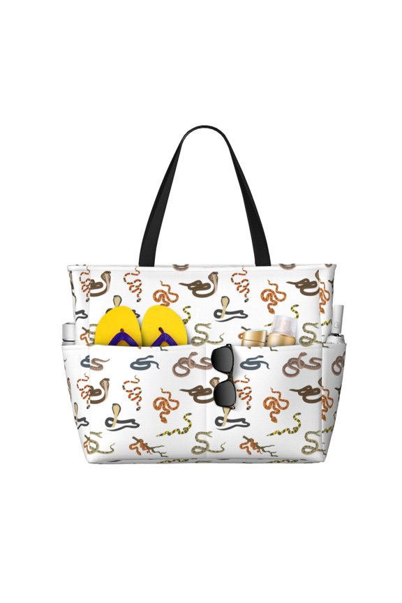 Snake Print Large Capacity Beach Travel Bag, Polyester Waterproof Tote Bag with Zipper for Vacation and Daily Use