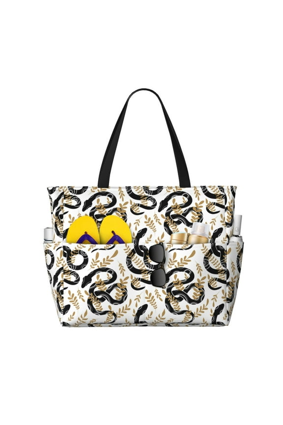 Snake Print Large Capacity Beach Travel Bag, Polyester Waterproof Tote Bag with Zipper for Vacation and Daily Use
