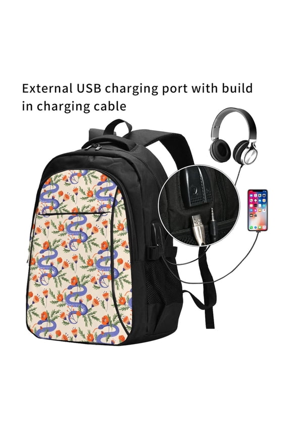 Snake Print Travel Laptop Backpack,Slim Sturdy Laptops Backpack with USB Charging Port, Water Resistant College School Computer Bag