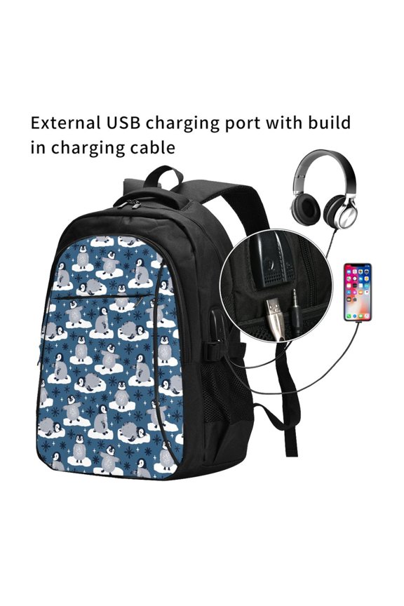 Snow Penguin Print Travel Laptop Backpack,Slim Sturdy Laptops Backpack with USB Charging Port, Water Resistant College School Computer Bag