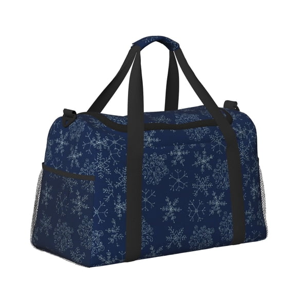 Ratiio Snowflake Dark Blue Pattern Hand Travel Bag, Weekender Carry On for Women Men, Sports Gym Bag, Workout Duffel Bag, Overnight Shoulder Bag fit 15.6 Inch Laptop