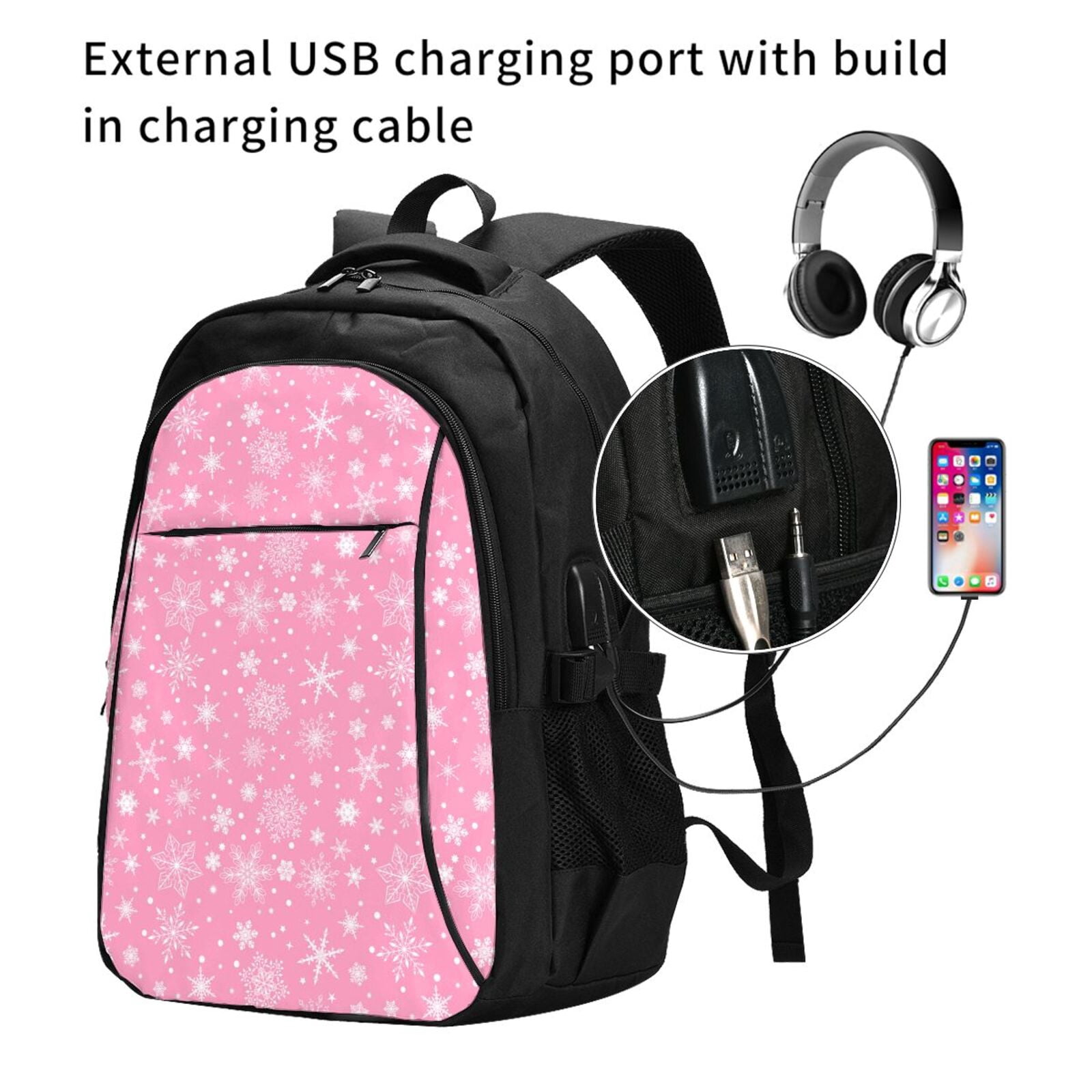 Ratiio Snowflake pink backgrounds Print Travel Laptop Backpack,Slim Sturdy Laptops Backpack with USB Charging Port, Water Resistant College School Computer Bag