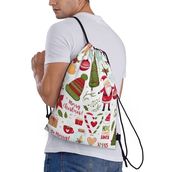 Ratiio Snowflakes Santa Claus Print Drawstring Backpack Bag Sport Gym Sackpack Heavy Duty String Backpack for Men Women