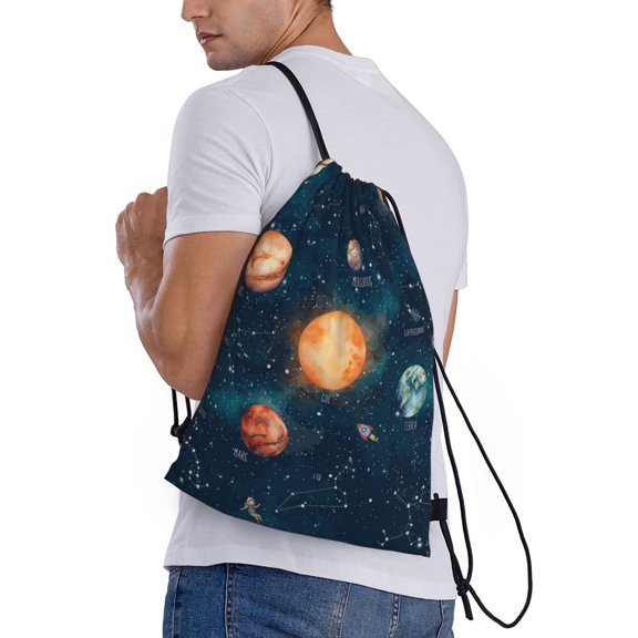 Ratiio Solar System And Planets Print Drawstring Backpack Bag Sport Gym Sackpack Heavy Duty String Backpack for Men Women