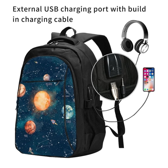 Ratiio Solar System And Planets Print Travel Laptop Backpack,Slim Sturdy Laptops Backpack with USB Charging Port, Water Resistant College School Computer Bag