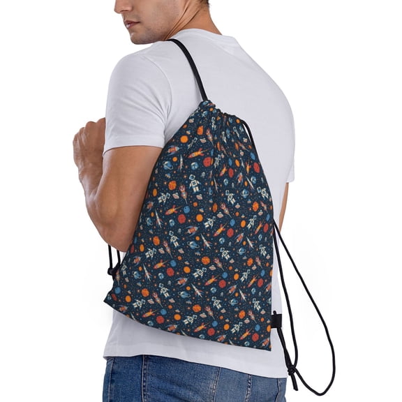 Ratiio Spaceships And Stars In Outer Space Print Drawstring Backpack Bag Sport Gym Sackpack Heavy Duty String Backpack for Men Women