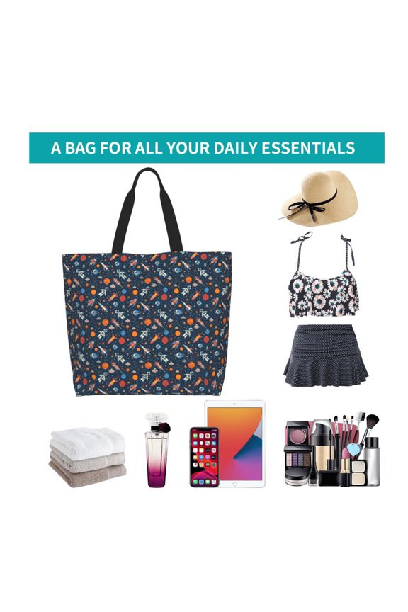 Spaceships And Stars In Outer Space Print Reusable Grocery Bags - Washable, Foldable, Packable Tote, Large Handles, Heavy Duty, Zippered Top Pouch