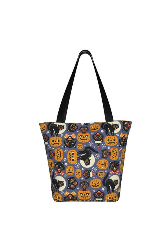 Spooky Cats And Halloween Pumpkins Print Shoulder Bag for Women, Polyester Crossbody Purse Lightweight Handbag for Daily Travel and Casual Use