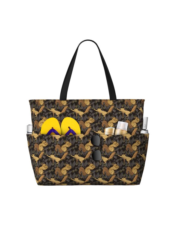 Squirrel Gathering Nuts Print Large Capacity Beach Travel Bag, Polyester Waterproof Tote Bag with Zipper for Vacation and Daily Use