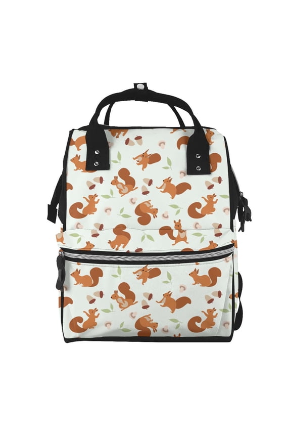 Squirrel Playing Mummy Backpack - Waterproof Twill Canvas, Large Capacity Diaper Bag with Multiple Pockets and Adjustable Straps