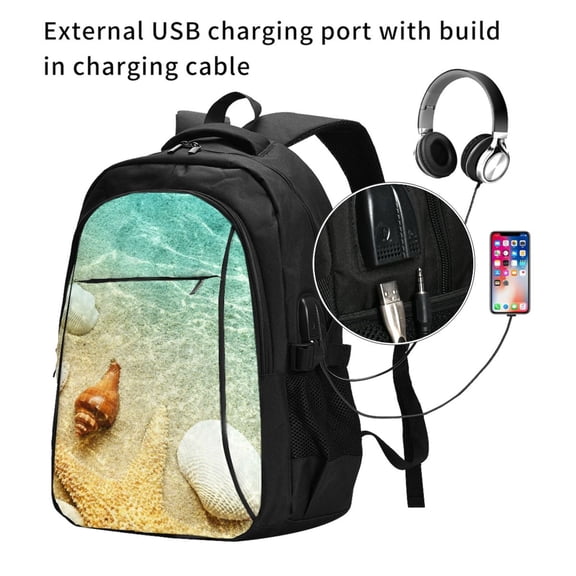 Ratiio Starfish And Seashell On The Beach Print Travel Laptop Backpack,Slim Sturdy Laptops Backpack with USB Charging Port, Water Resistant College School Computer Bag