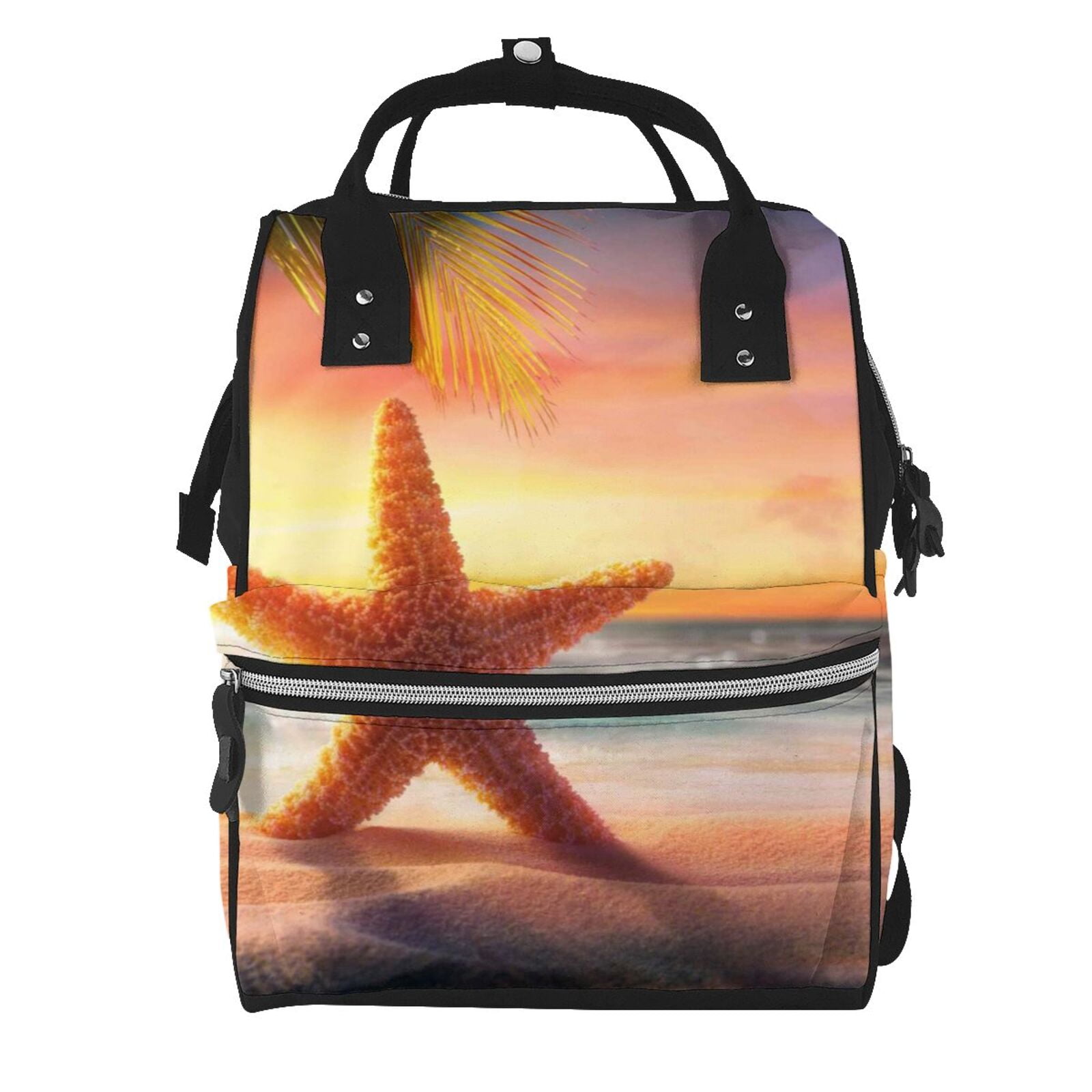 Ratiio Starfish Sunset Sea Beach Mummy Backpack - Waterproof Twill Canvas, Large Capacity Diaper Bag with Multiple Pockets and Adjustable Straps