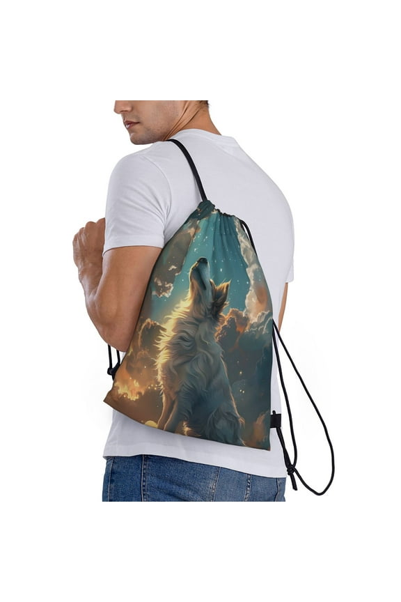 Starry Sky Cloud Wolf Print Drawstring Backpack Bag Sport Gym Sackpack Heavy Duty String Backpack for Men Women