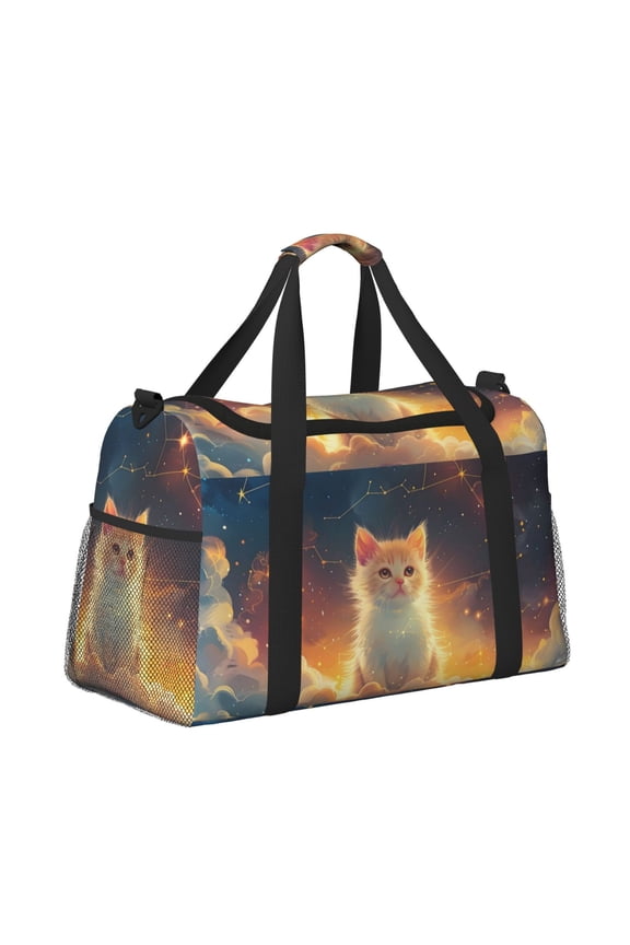 Starry Sky Constellation Cat Pattern Hand Travel Bag, Weekender Carry On for Women Men, Sports Gym Bag, Workout Duffel Bag, Overnight Shoulder Bag fit 15.6 Inch Laptop