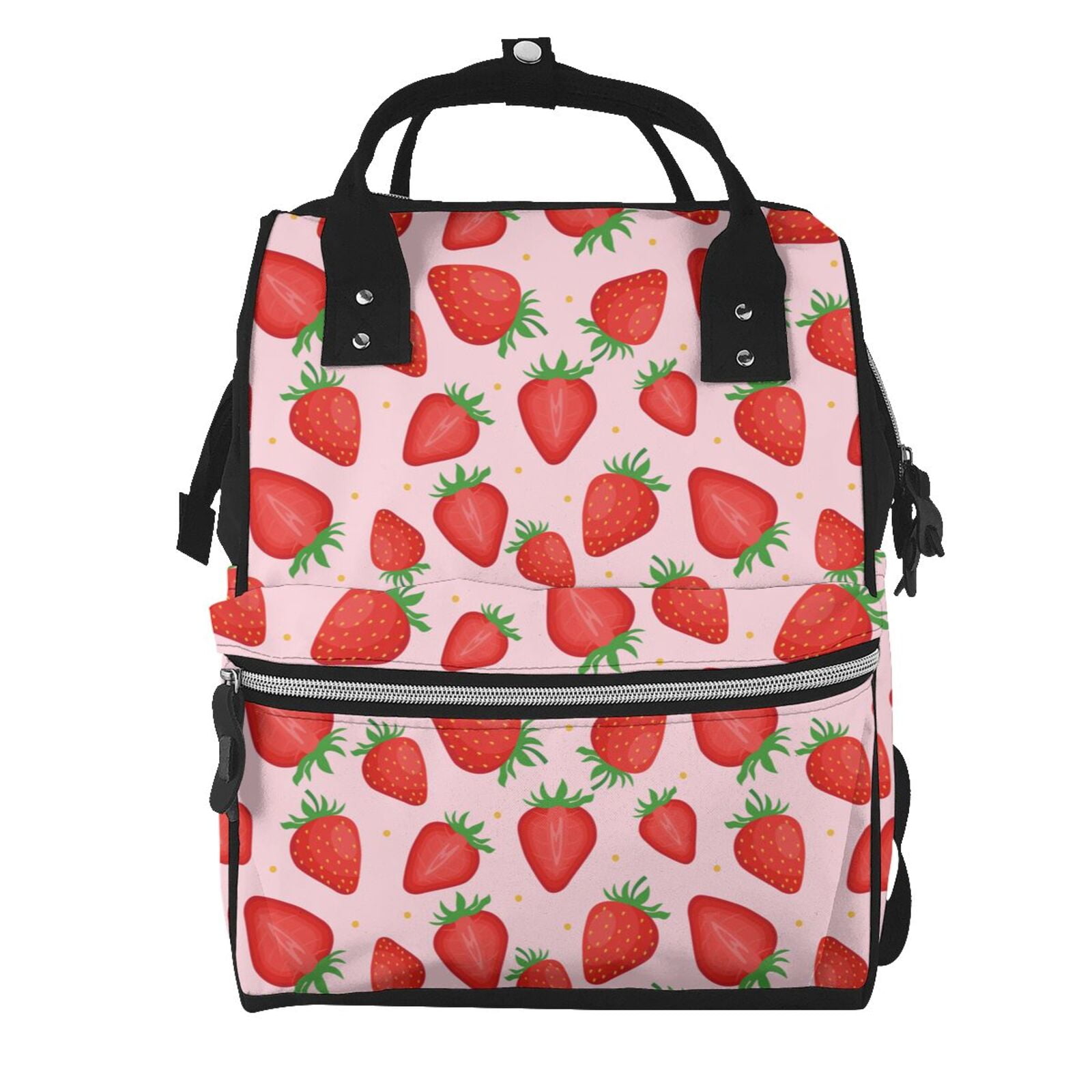 Ratiio Strawberries Mummy Backpack - Waterproof Twill Canvas, Large Capacity Diaper Bag with Multiple Pockets and Adjustable Straps