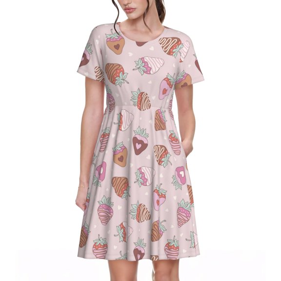 Ratiio Strawberry Cake Print Women's Short Sleeve Dress - Casual A-Line Dress with Side Pockets, Elastic Waist, Comfortable and Breathable Summer Dress